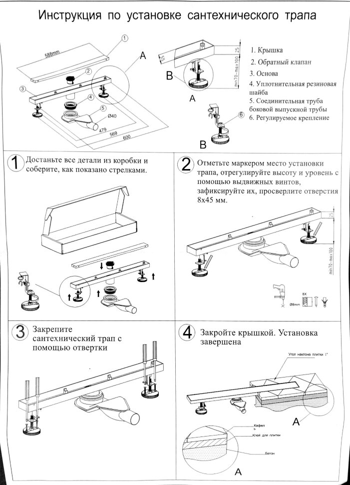 Трап для душа Grocenberg T500BL Черный матовый